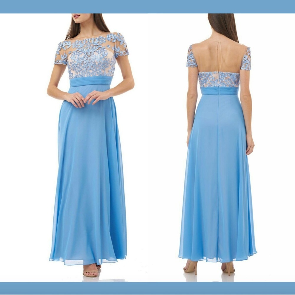 NWT $298 JS Collections‎ Embroidered Illusion Bodice Gown Blue [ SZ 16 ]